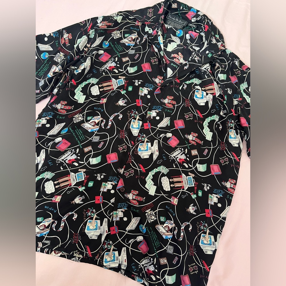 Nicole Miller Y2K Black Multicolor Graphic Button Down Shir - Picture 3 of 5